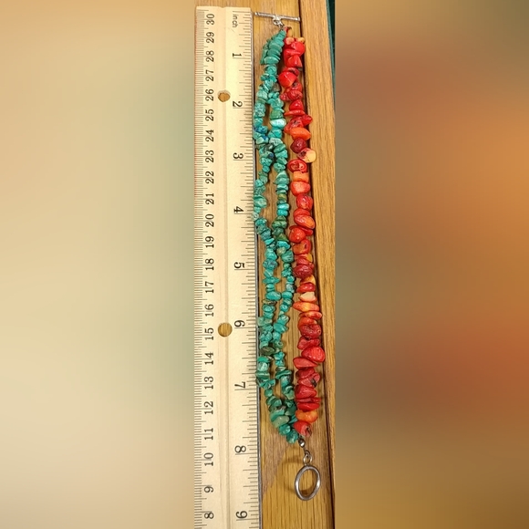 Turquoise Chip & Coral Bracelet 3 Strand 925 Sterling Silver 8" Long - Picture 7 of 16